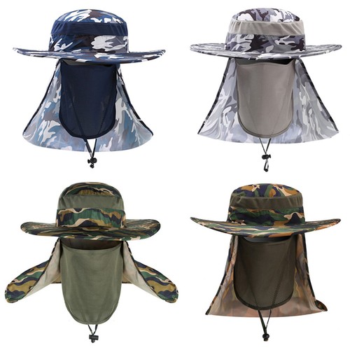 Men Wide Brim Camouflage Cap Outdoor Sun Protection Face Neck Cover