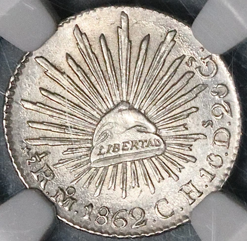 1862-Mo NGC MS 64 Mexico 1/2 Real Mint State Cap Rays Silver Coin (21110902D)