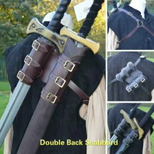 Retro Medieval Leather Warrior Cosplay Back Scabbard Sling Double Sword Holder