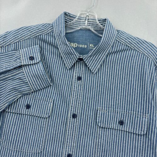 GAP Shirt Mens Extra Large XL Button Up Blue Railroad Hickory Stripe Work Wear