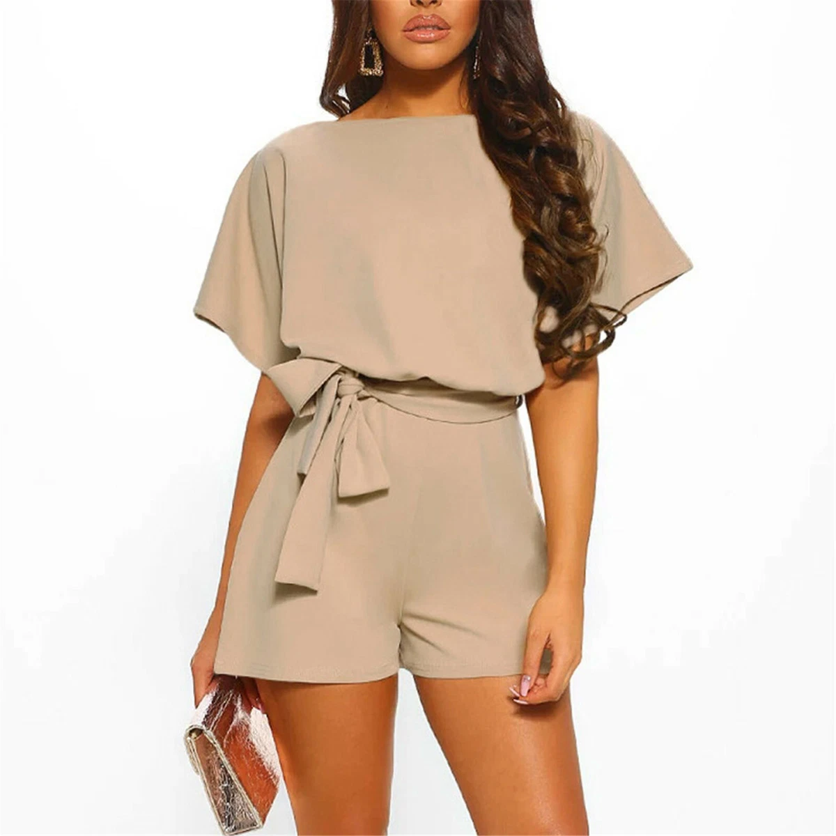 Women Short Sleeve Belted Romper Jumpsuits Wide Leg Short Pants