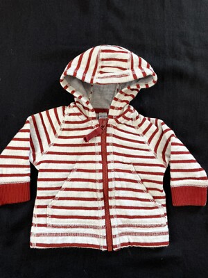 Petit Bateau Red/White Stripe 100% Cotton Zip Front Hooded Sweatshirt-3Mos