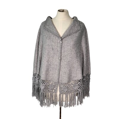 Sanyork Poncho Womens OSFM 100% Alpaca Crochet Tassel Buttons Gray
