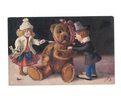 postcard ansicht artist sign F.Hildebrandt Toy, Teddyear Dolls