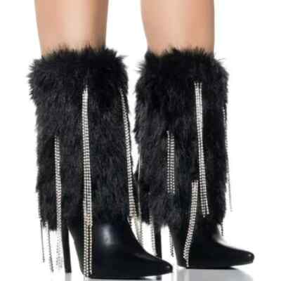AZALEA WANG ''DRENCHED DRIPP'' Size:8.5 BLACK FURRY BOOTIE W/ DIAMOND DRIP