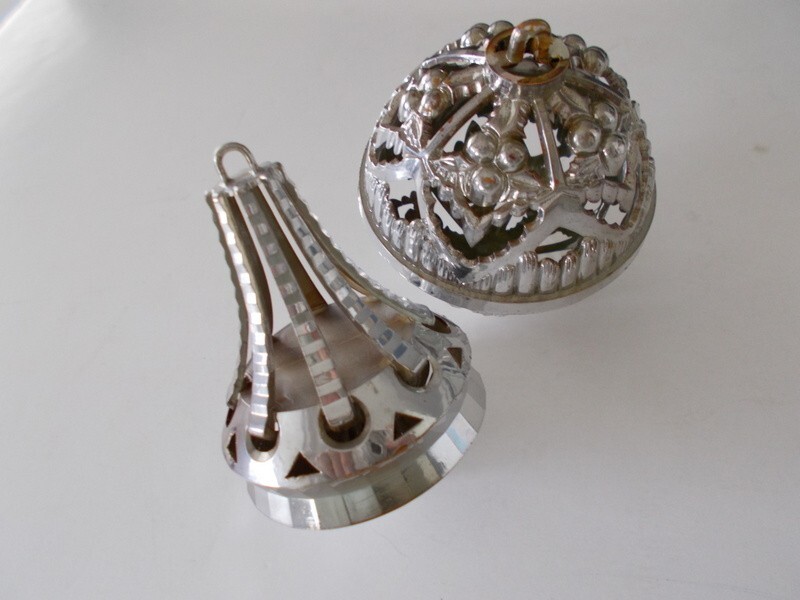 2 mid-century Christmas ornaments silver plastic
