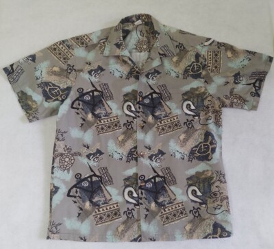 Mens Kim Fashions hawaiian  short sleeve shirt XL cotton gray fish turtle