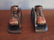 Pair of Vintage 1960's Ornate Heavy Bronzed Copper Baby Shoes Bookends