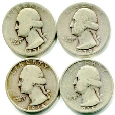 Four Different Early Washington Quarters 1934, 1935s, 1936d, 1939d !! Set A