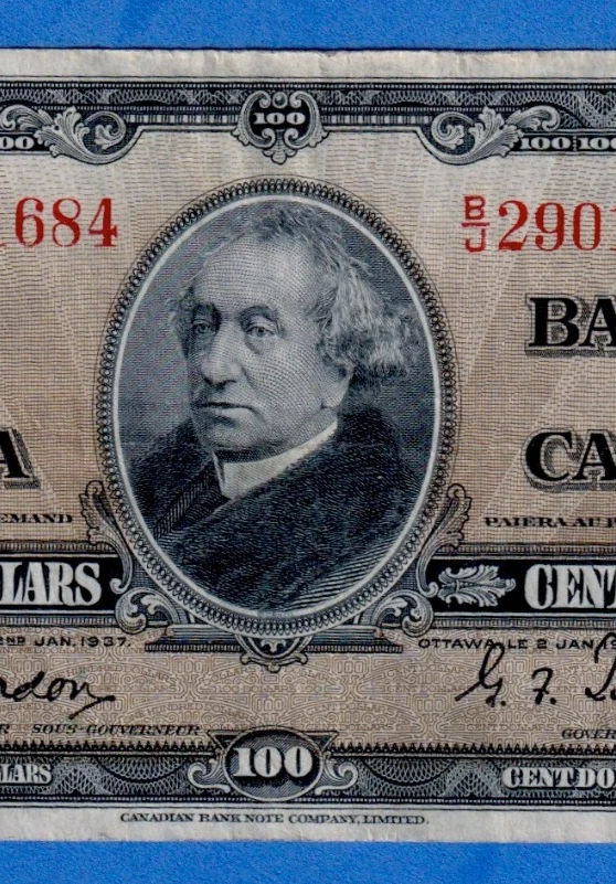 Canada $100 1937 BC-27b / P-64b Circulated  Note B/J 2901684  Sir John MacDonald - Image 3 of 4