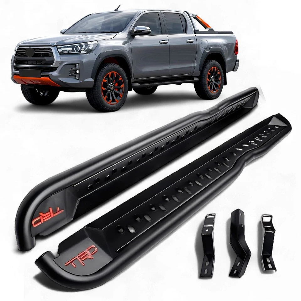 FOR TOYOTA HILUX 2021+ TRD RACING SIDE STEPS ROCK SLIDER STYLE HEAVY DUTY BLACK - Image 2 of 4