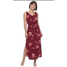 Apt. 9 Women's Challis Maxi Side Slits Maroon Floral Dress Size L