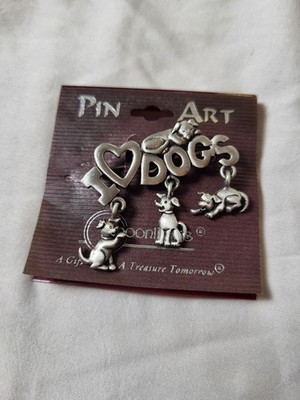  Vintage JJ Jonette Jewelry Pewter ''I Love Dogs'' Dangle Brooch Pin - NEW