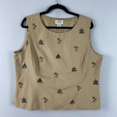 Talbots Tank Pagoda Embroidered Shell Tank Top Size 18 Tan Sleeveless Palm Tree