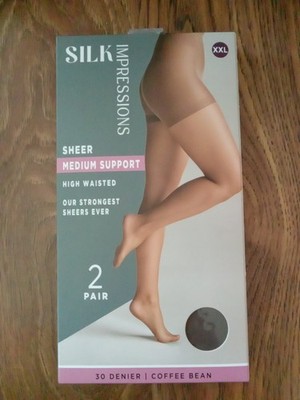 SILK IMPRESSIONS XXL SHEER MEDIUM SUPPORT 30D Coffee Bean Pantyhose 2PK NIB