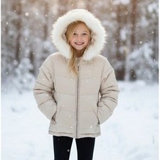 Lilu Down Puffer Jacket Hooded Faux Fur Trim Youth Beige Size S Winter Outdoor