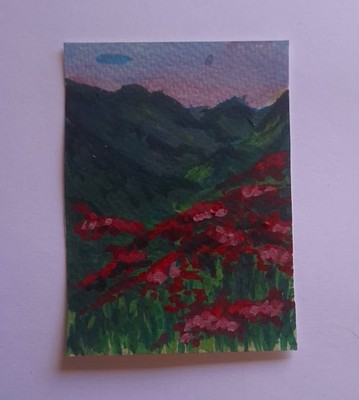 ACEO Original Gouache Crimson Hillside Mini Painting ''2,5 x 3,5''