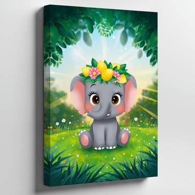 Cute, Cartoon-style Baby Elephant Sits In A Vibrant Green Wall Art Canvas Print