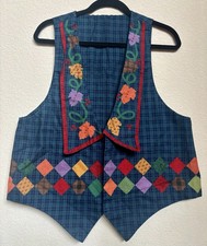 Vtg 90s Thanksgiving Harvest Vest Cottagecore Pumpkin Grapes Plaid L/XL