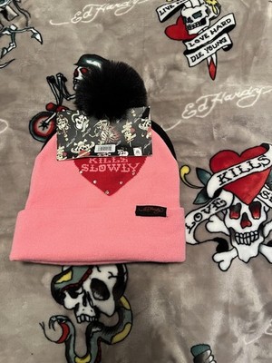 Ed Hardy Women's Beanie Blk/pink Love Kills Slowly and Screaming