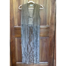 Vintage Leathergoose of California Suede Fringe Vest Beaded Boho Brown Large