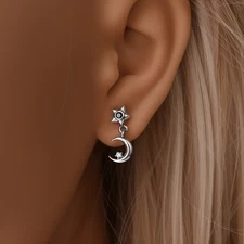 KUNSIR 925 Sterling Silver Mini Asymmetric Star Moon Stud Earrings Women Jewelry
