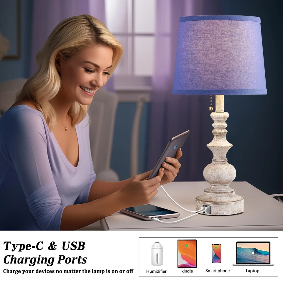 22'' Farmhouse Bedroom Table Lamps Set of 2 Bedside Nightstand Lamps with USB... - Image 4 of 4