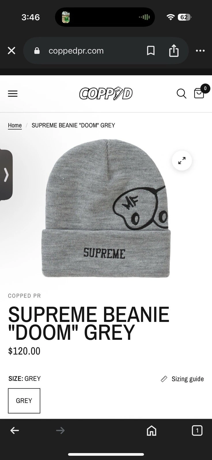 Bonnet gris Supreme MF Doom FW23BN74 NEUF taille unique