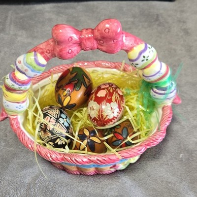 Ceramic Easter Egg Basket Serving Piece, Multicolor Painted Weave