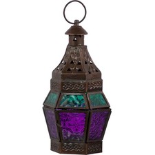 Glass & Metal Tealight Lantern in Purple & Tu...