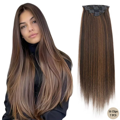 Clip-In Invisible Extensions Siebenteilig Set Haarverlängerung Glatt Braun 60cm