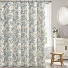 Extra Long Blue Linen Textured Floral Fabric Shower Curtain Rustproof 72x84