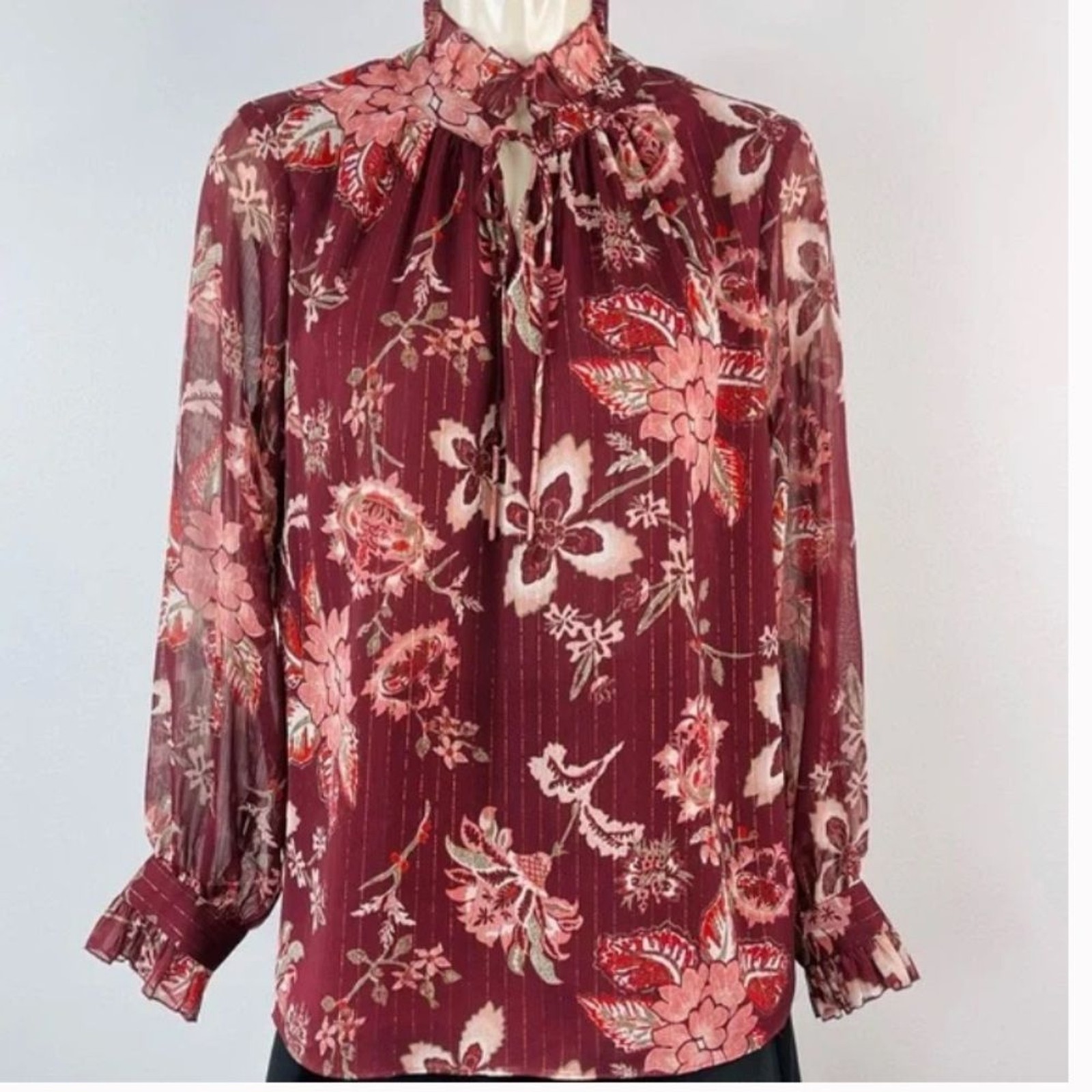 Violet + Claire Floral Glitter Striped Blouse Tie Front Long Sleeve - Size L