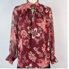 Violet + Claire Floral Glitter Striped Blouse Tie Front Long Sleeve - Size L