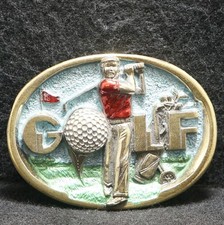 WJ11139 REALLY NICE VINTAGE 1983  GOLF  SPORTS ARTWORK MENS PEWTER BELT BUCKLE