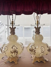 1949 Accurate Casting Co Hollywood Regency Gold Gilded Milk Glass 3-Way 36” Lamp