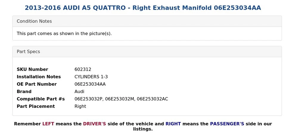 AUDI A5 QUATTRO 2013-2016 - Colector de escape derecho 06E253034AA Foto 4 de 4