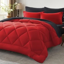 Comforter Set -7 Pieces Bed in a Bag Size, Reversible Queen 01 - Red  Black