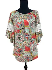 WinWin Woman SZ Sm-Med Boho Tunic Off Shoulder Pinwheel Sleeves Crochet Inserts