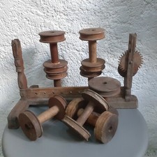 8 grosses bobines à fils XXL en bois + ROUET ancien Roue 