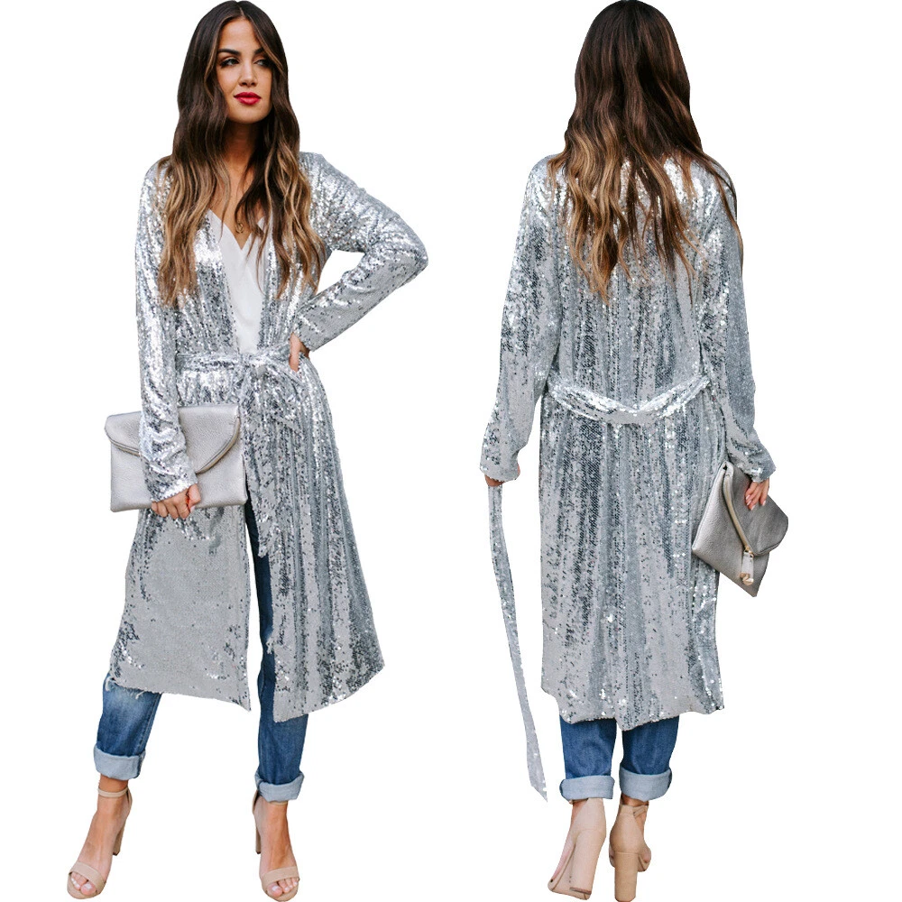Womens Ladies Silver Sequin Belt Long Trench Outwear Clubwear