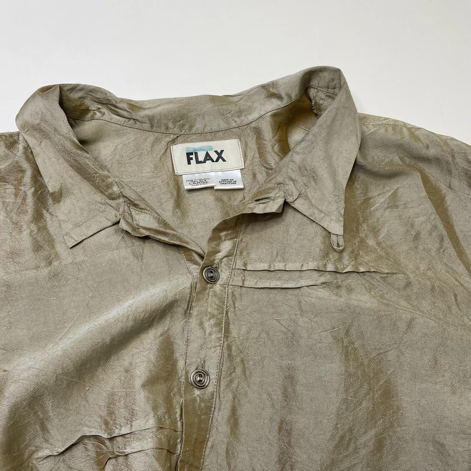 FLAX 100% 真丝衬衫上衣 L 码艺术穿长袖 Lagenlook 米色绿色 — 第 3/4 张图片