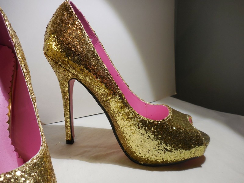 NEW Leg Avenue ELLA 5" Heel Peep Toe Gold Glitter Pump Shoes  Size 7 NWB