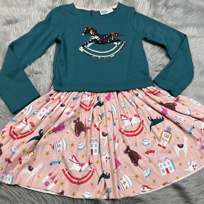 Mini Boden Girls Long Sleeve Pink Green Sequin Rocking Horse Toy Dress 7-8y  | eBay