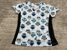 Green Town Scrub Top Womens Small Multicolor Owl Short Sleeve Cotton Blend