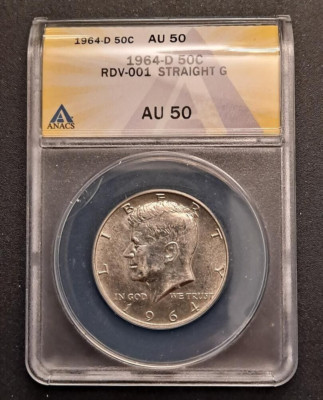1964-D Kennedy Half Dollar RDV-001 Straight G - ANACS AU 50