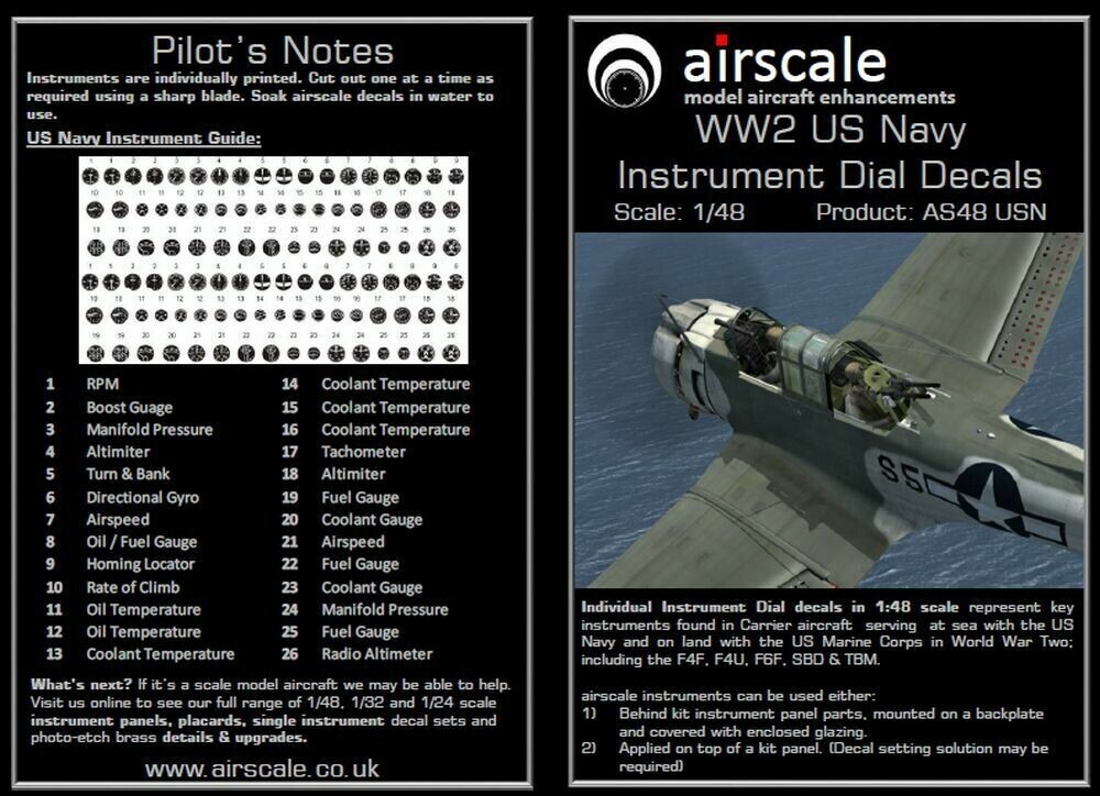 Airscale 1/48 scale WWII US Navy & USMC aircraft instrument dial decals AS48USN Airscale 1/48 scale WWII US Navy & USMC aircraft instrument dial decals AS48USN