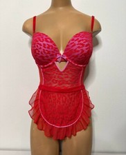 Victorias Secret Lingerie Sexy Teddy Mesh Apron Babydoll Red Animal Print 36D