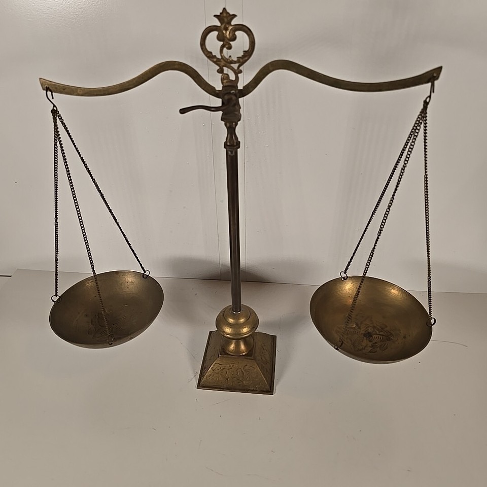 Vintage Brass Balance Scales W/Engraved Base And Bowl Vintage Scales Of
