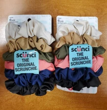 2 Pks of 6 Scunci Satin Scrunchies Black Blue Pink Green Tan Cream (3500)-R7P6b
